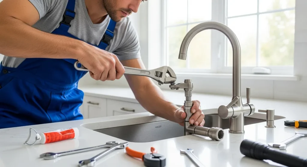 Plumber replacing a kitchen faucet