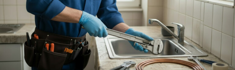 Plumber tightening a fitting at a sink