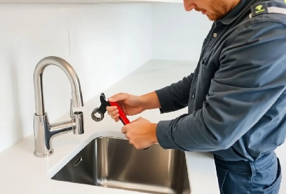 Plumber installing a sink faucet